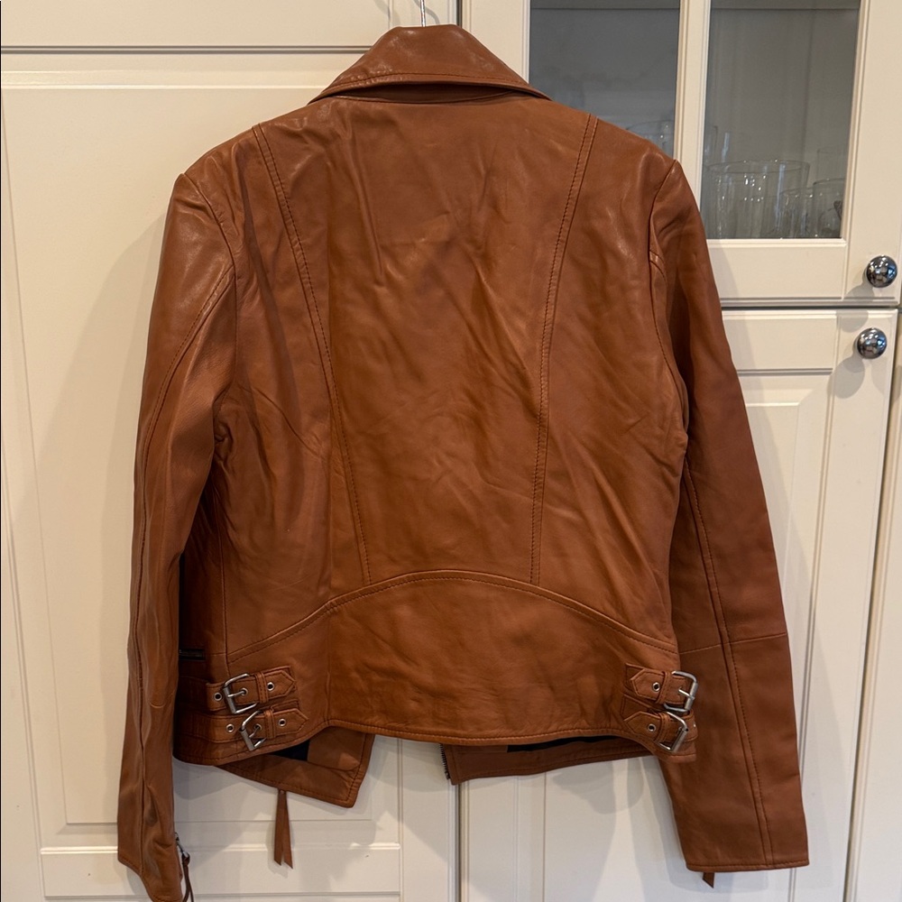 Women's Leather Moto Jacket - Cognac - Picture 7 of 9